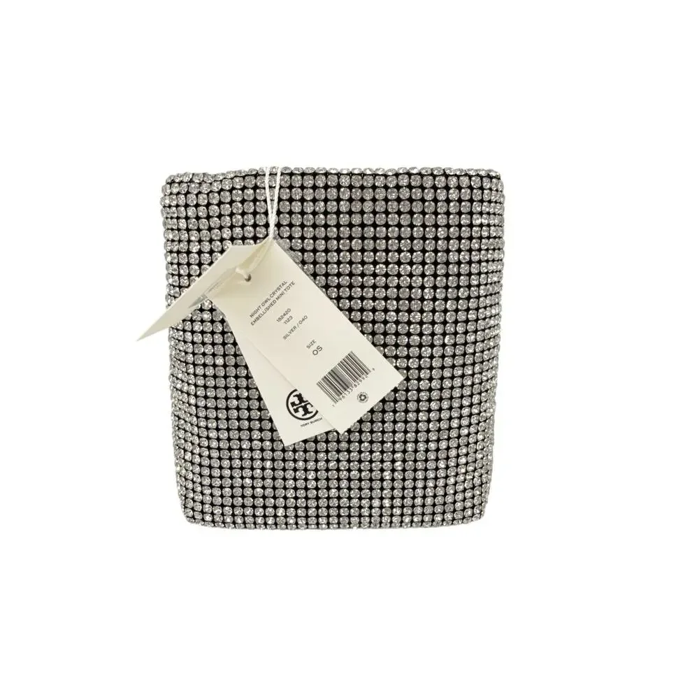 TORY BURCH Night Owl Crystal Embellished Mini Tote in Silver